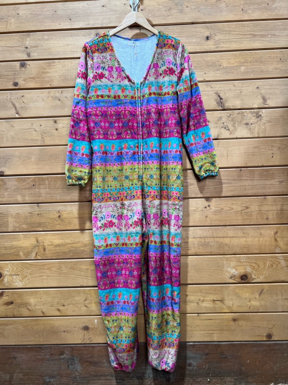 Natural Life Cozy Fleece Pajama Jumpsuit Small Boho Lounge Onesie Magenta Print